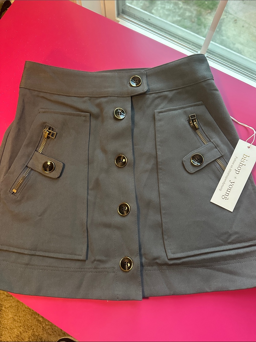 bishop + young charcoal black button-front utility mini skirt